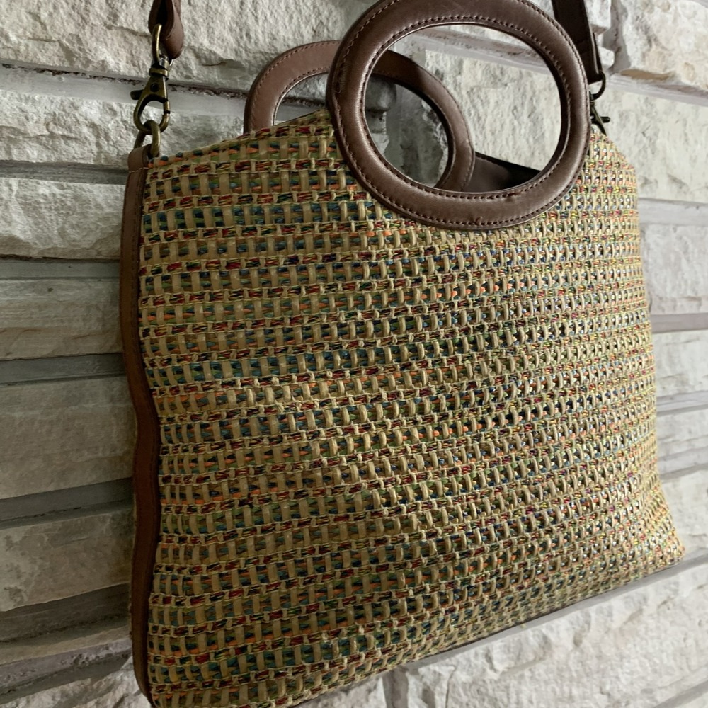 Fossil Woven Straw Leather Crossbody Handbag Multi Color 75082 Boho Tote - Picture 3 of 16